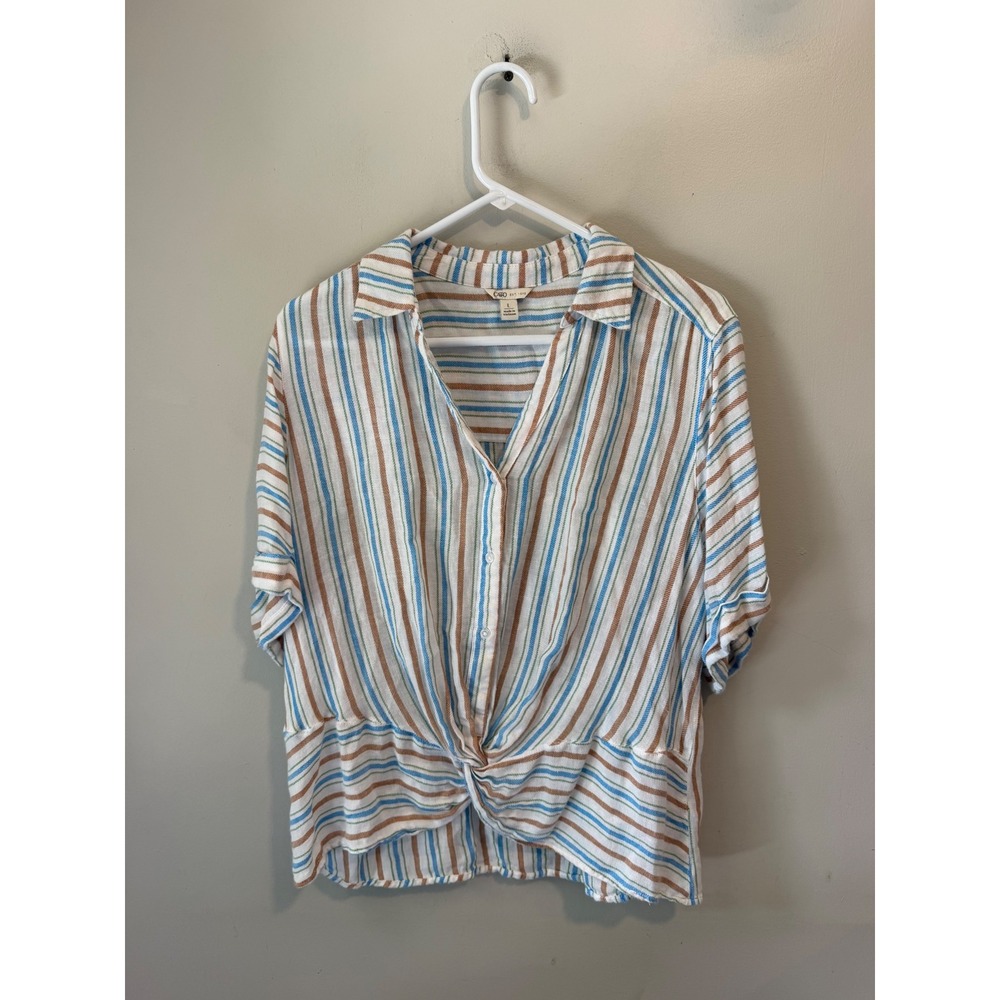 Cato Womens Large Blue Brown Striped Twist Front Short Sleeve Button Down Blouse